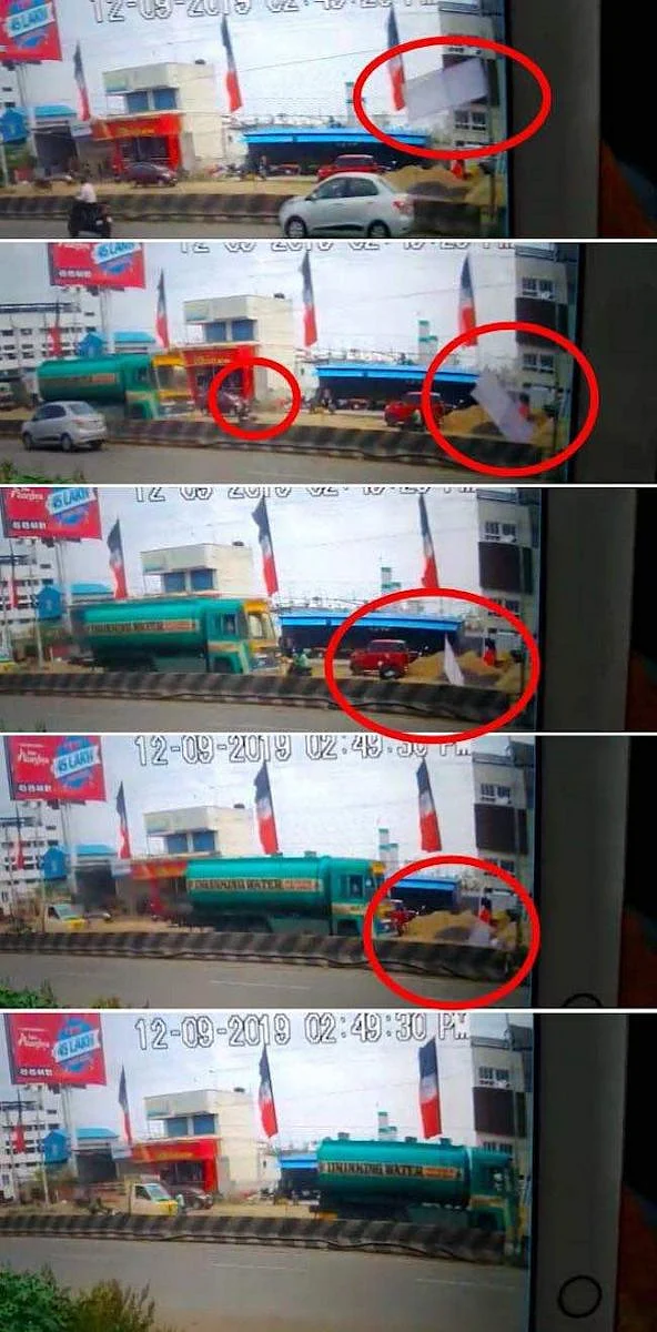 Sequence of the banner falling flying in the wind right in front of Subhasri.