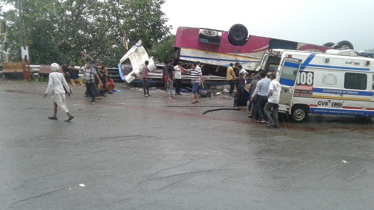 At least 18 people were killed after a bus overturned near Trishuliya Ghat in Ambaji town of Banaskantha district in Gujarat.
