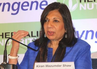 Bengaluru: Biotech entrepreneur Kiran Mazumdar-Shaw addresses during a press conference of the partnership announcement between Herbalife Nutrition and Syngene International in Bengaluru on March 2, 2017. (Photo: IANS)