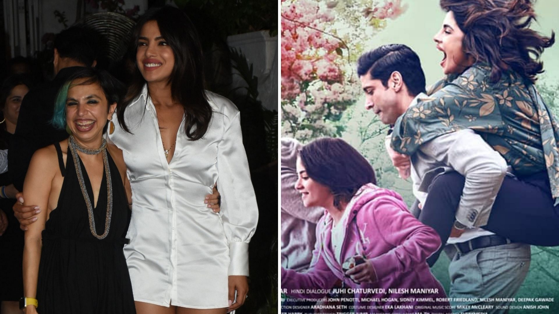 Shonali Bose and Priyanka Chopra at the wrap party for <i>The Sky Is Pink</i>; A poster for the film.