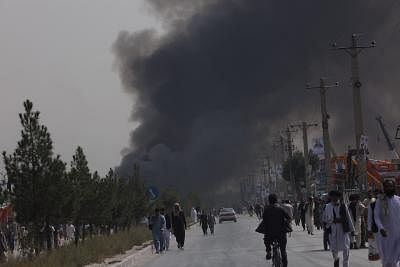 KABUL, Sept. 3, 2019 (Xinhua) -- Smoke rises from the site of a tractor bomb attack in Kabul, capital of Afghanistan, Sept. 3, 2019. The death toll from a massive tractor bomb explosion in Afghanistan