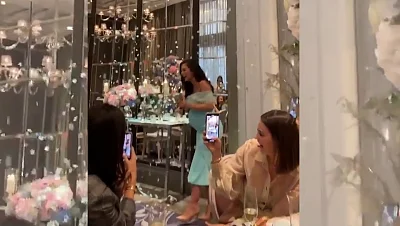Actress Amy Jackson shared that she is expecting a son at her gender reveal party. The actress took to Twitter on Monday to share a video from the gender reveal party. In the clip, an ecstatic Amy shouts: "It