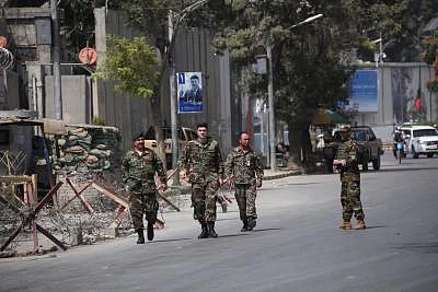 KABUL, Sept. 5, 2019 (Xinhua) -- Members of Afghan security forces stand guard at the site of a car bomb attack in Kabul, capital of Afghanistan, Sept. 5, 2019. At least 10 people, all civilians, have been confirmed dead and 42 others injured as a car bomb rocked Shash Darak area in the Police District 9 of Kabul city on Thursday, Afghan Interior Ministry spokesman Nasrat Rahimi said. (Photo by Rahmatullah Alizadah/Xinhua/IANS)