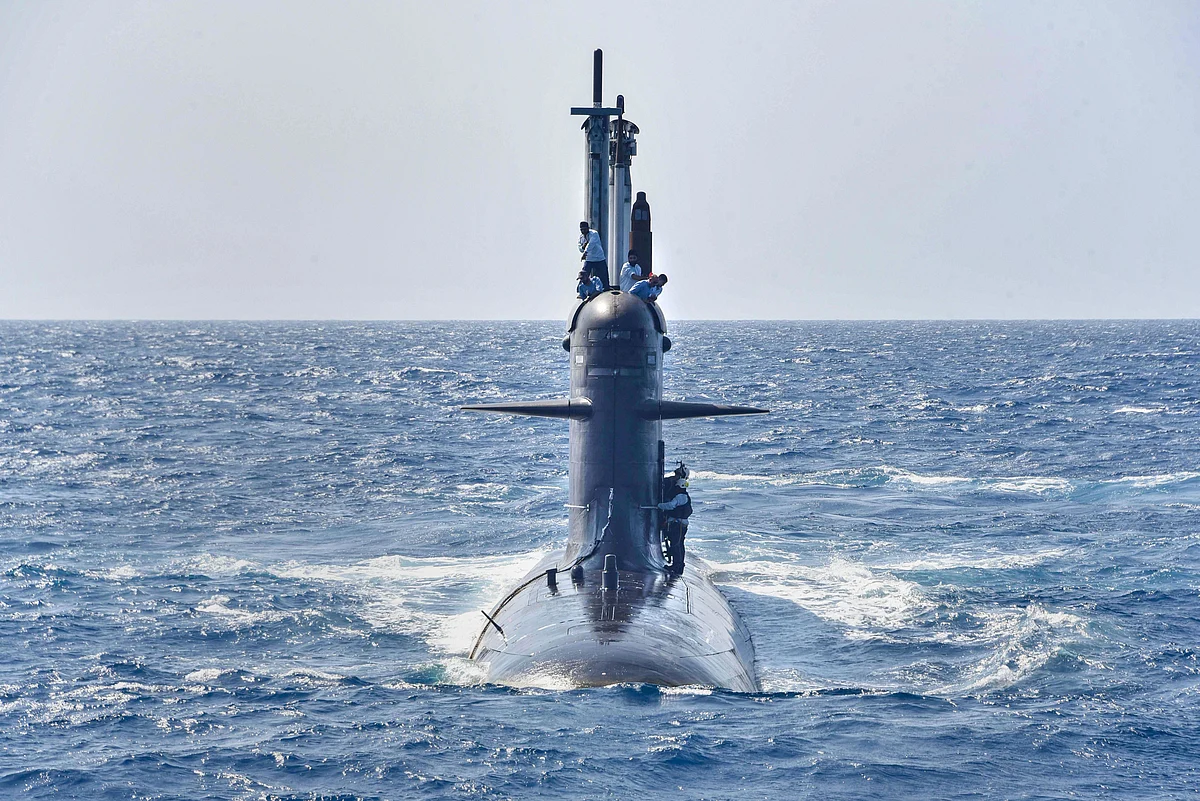 Submarine Khanderi during a phases of sea trials. The submarine will get commissioned by the Defence Minister Rajnath Singh in Mumbai.