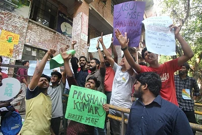 New Delhi: Members of NSUI cheer for their group during voting for this year