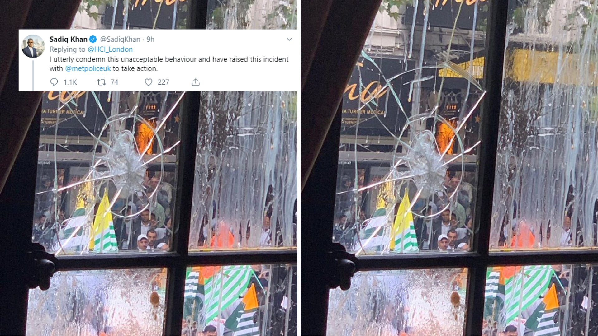 The image tweeted out by India in London shows a smashed window. “Damage caused to the premises,” the Indian high commission said.