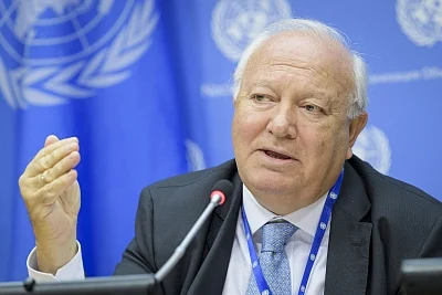 Miguel Moratinos, the High Representative for the United Nations Alliance of Civilizations, speaks to reporters at the UN headquarters on Friday, September 13, 2019. (Photo: UN/IANS)