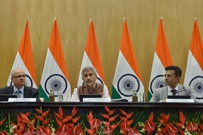 New Delhi: External Affairs Minister S. Jaishankar with Foreign Secretary Vijay Gokhale and Ministry of External Affairs (MEA) Spokesperson Raveesh Kumar during a press conference on 100 days of Government, in New Delhi on Sep 17, 2019. (Photo: IANS)