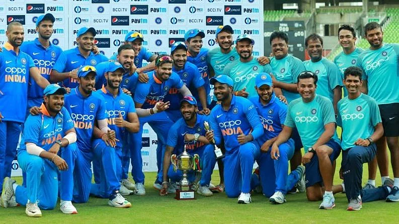 India A with the winners trophy after beating South Africa A in the unofficial ODI series.
