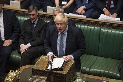LONDON, Sept. 4, 2019 (Xinhua) -- British Prime Minister Boris Johnson (C) speaks in the House of Commons in London, Britain, on Sept. 4, 2019. British lawmakers on Wednesday rejected a motion tabled by Prime Minister Boris Johnson calling for a general election on Oct. 15, dealing another blow to the prime minister, who vowed to take his country out of the European Union on Oct. 31 with or without a deal. (Jessica Taylor/UK Parliament/Handout via Xinhua/IANS)