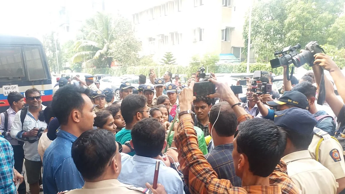 Activists protesting outside Amitabh Bachchan’s house against his alleged endorsement of the Mumbai Metro.