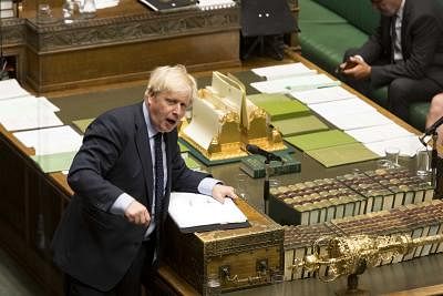LONDON, Sept. 3, 2019 (Xinhua) -- British Prime Minister Boris Johnson speaks in the House of Commons in London, Britain, on Sept. 3, 2019. British Prime Minister Boris Johnson on Tuesday lost a key Brexit vote in the House of Commons as anti-no deal MPs take control of the parliamentary business. (Roger Harris/UK Parliament/Handout via Xinhua/IANS)