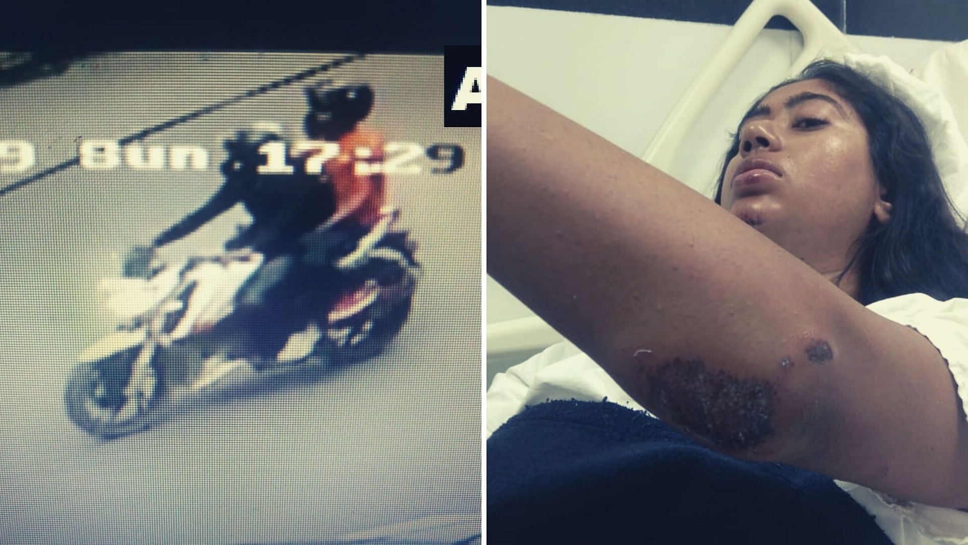 The journalist (right) and the bike borne assailants caught on camera (left).