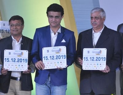 Kolkata: CAB President Sourav Ganguly and Tata Steel Corporate Service Vice President Chanakya Chaudhary during the launch of the 6th edition of TATA Steel Kolkata 25K in Kolkata on Sep 16, 2019. (Photo: Kuntal Chakrabarty/IANS)