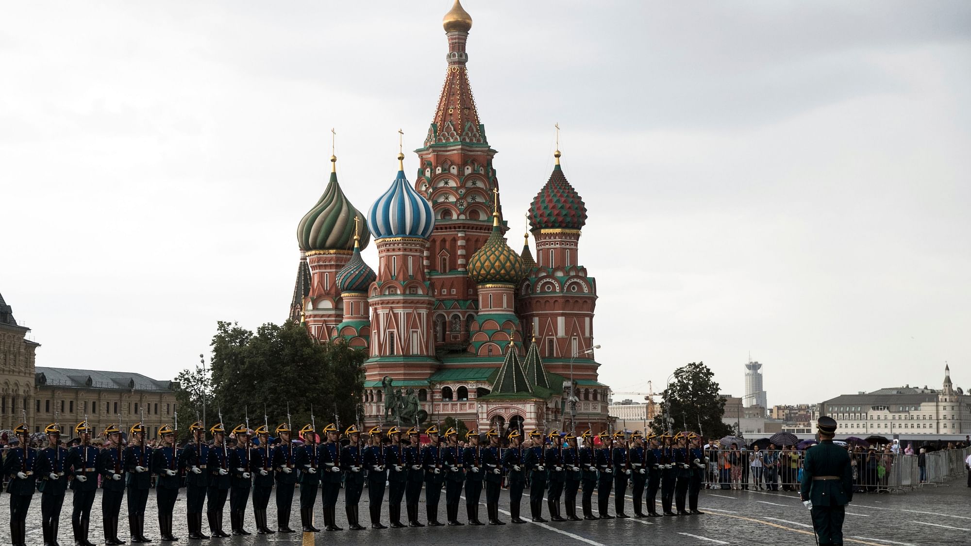 In this June 30, 2018, file photo, Kremlin guards perform in Red Square with St. Basil’s Cathedral in the background in Moscow, Russia. For representative purposes only.