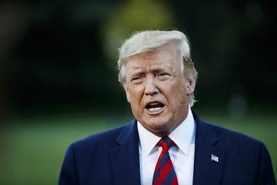 WASHINGTON D.C., Sept. 13, 2019 (Xinhua) -- U.S. President Donald Trump speaks to reporters before leaving the White House in Washington D.C. Sept. 12, 2019. Donald Trump said on Thursday that he will not ask Secretary of State Mike Pompeo to assume a dual role of being his fourth national security advisor after the ouster of John Bolton. (Photo by Ting Shen/Xinhua/IANS)