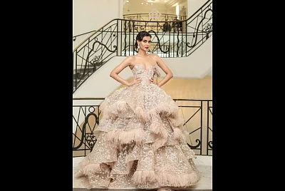 Diana Penty chooses a stunning beige coloured off-shoulder gown at Cannes Film Festival.
