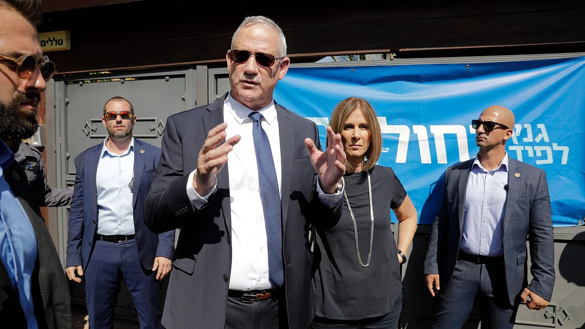 Blue and White party leader Benny Gantz speaks after he cast his ballot in Rosh Haayin, Israel on Tuesday.