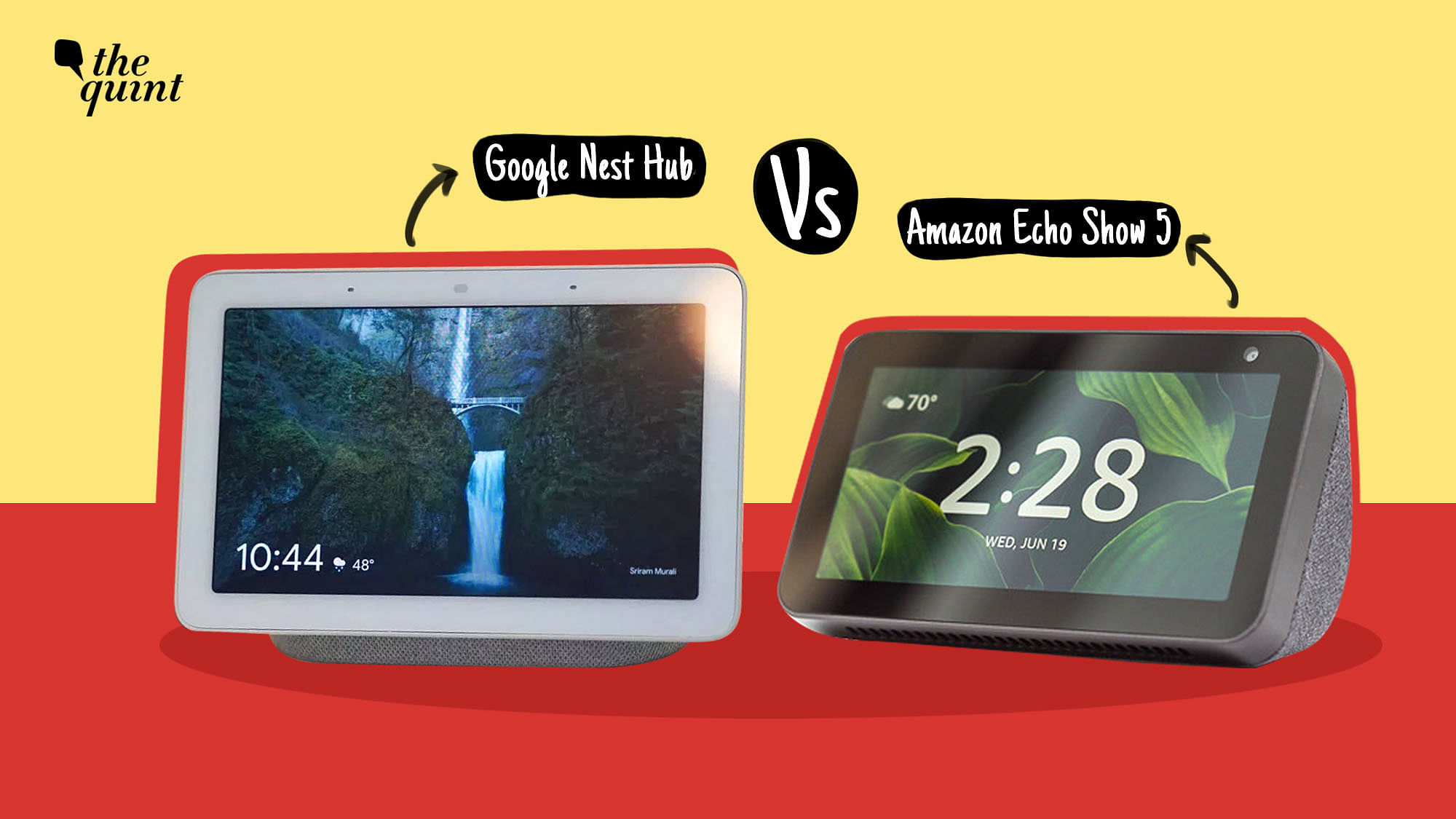The Google Nest Hub (left) and the Amazon Echo Show 5 (right).&nbsp;