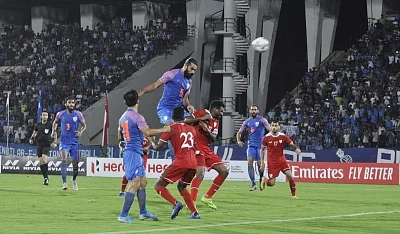 Guwahati: Players in action during 2022 FIFA World Cup Qualifier match between India and Oman at the Indira Gandhi Athletic Stadium in Guwahati on Sep 5, 2019. (Photo: IANS)