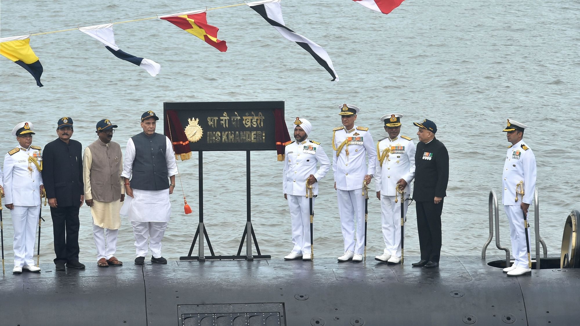 Defence Minister Rajnath Singh during the commissioning ceremony of Scorpene class submarine, INS Khanderi at Naval Dockyard in Mumbai.