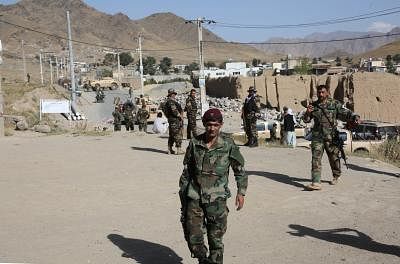 KABUL, Sept. 12, 2019 (Xinhua) -- Afghan army soldiers stand guard near the site of a bomb explosion in Chahar Asyab district of Kabul province, Afghanistan, Sept. 12, 2019. Four Afghan soldiers were killed and three others wounded in a suicide car bomb explosion outside Afghan army special forces