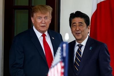 WASHINGTON D. C., April 27, 2019 (Xinhua) -- U.S. President Donald Trump (L) meets with Japanese Prime Minister Shinzo Abe at the White House in Washington D.C. April 26, 2019. (Xinhua/Ting Shen/IANS)