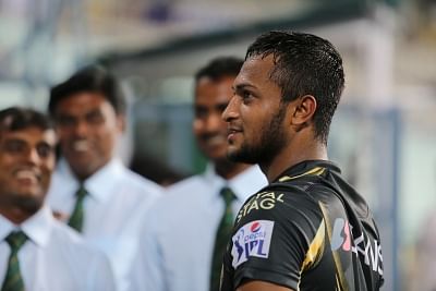 Kolkata: Bangladesh cricketer Shakib-al-Hasan during his visit to the Eden Gardens in Kolkata. (Photo: IANS)