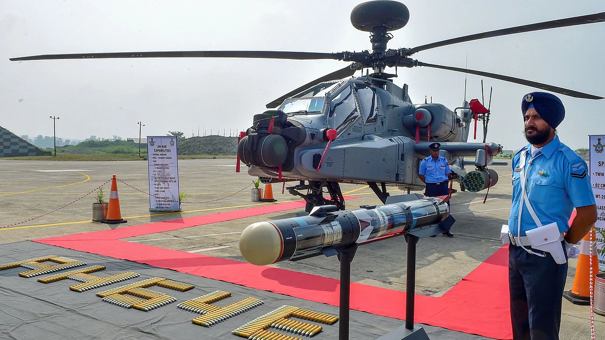 The US-made Apache AH-64E attack helicopter during its induction ceremony into the Indian Air Force.