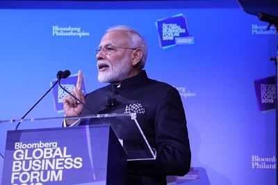 New York: Prime Minister Narendra Modi addresses during the the third annual Bloomberg Global Business Forum (GBF) at The Plaza Hotel in New York on Sep 25, 2019. (Photo: IANS/MEA)