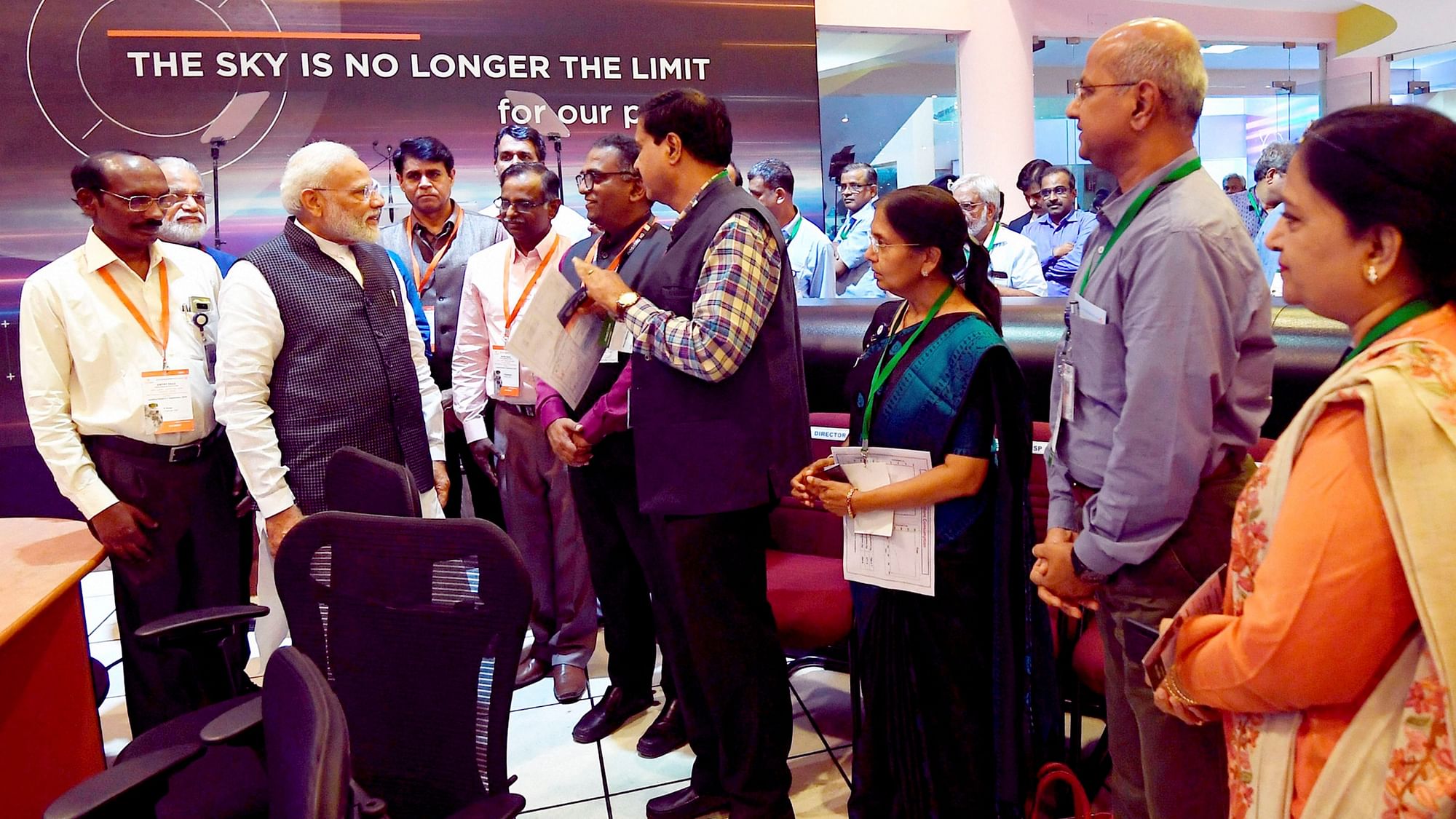 Prime Minister Narendra Modi interacts with ISRO scientists at Bengaluru headquarters.