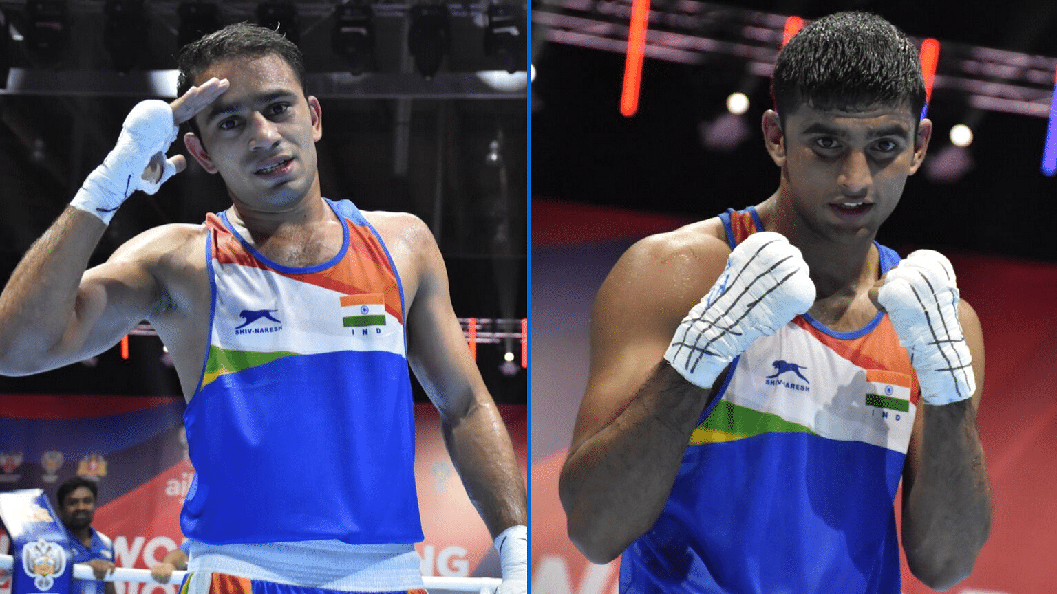 Amit Panghal (left) and Manish Kaushik after winning their quarterfinal bouts on Wednesday, 18 September.