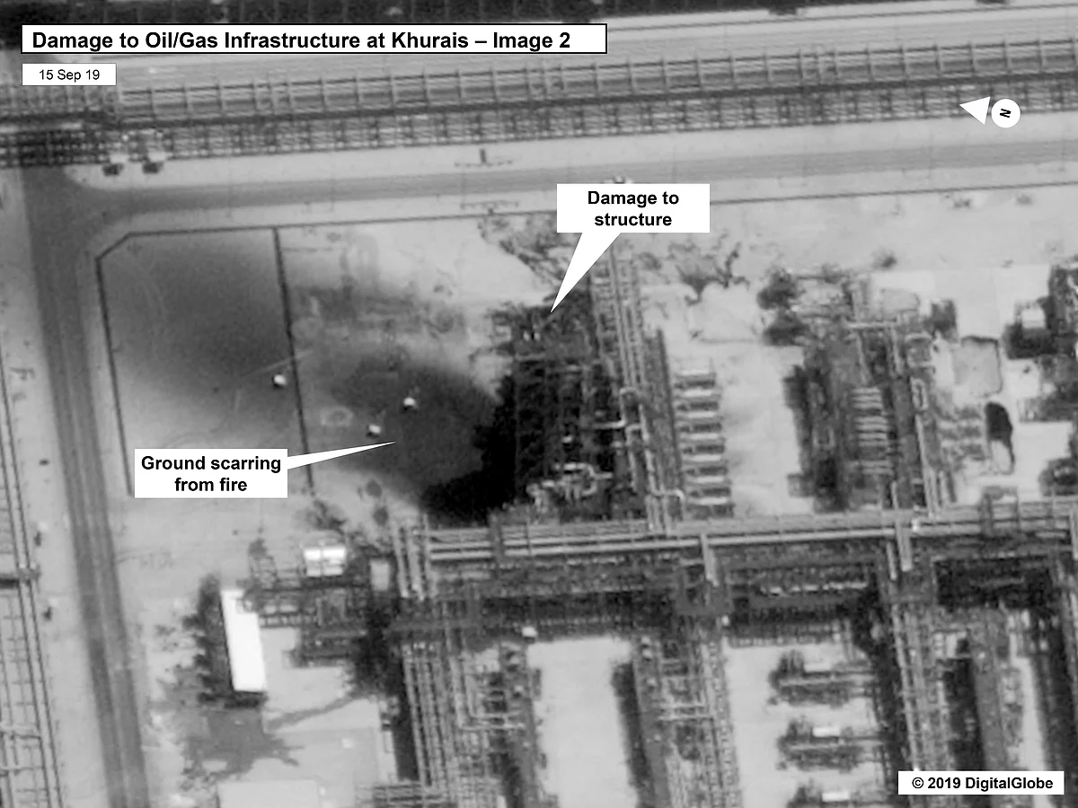 The image shows damage to the infrastructure at Saudi Aramco’s Kuirais oil field in Buqyaq, Saudi Arabia.