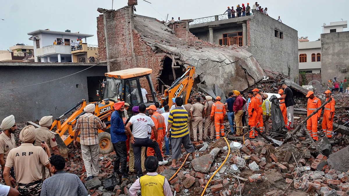 Rescue works underway after a blast in a fireworks factory at Batala, in Gurdaspur district of Punjab.