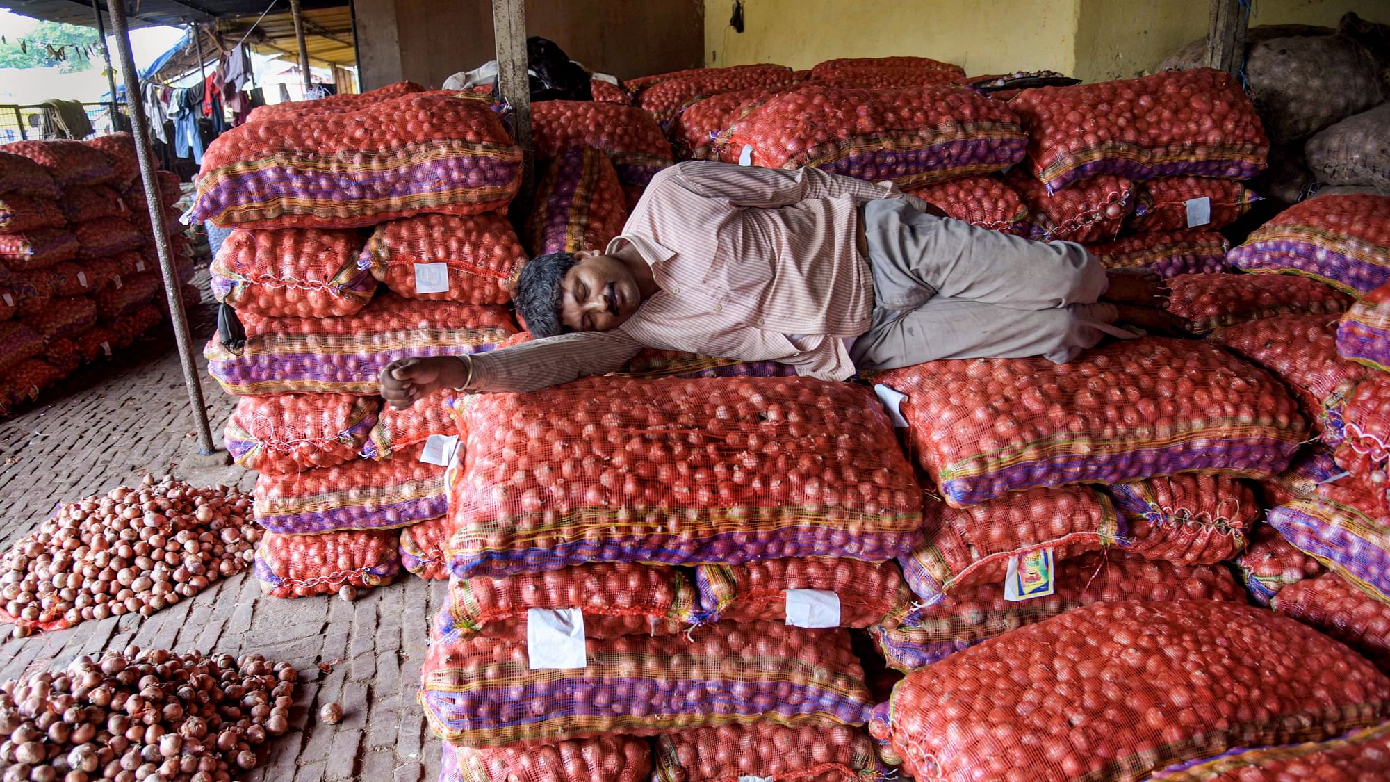 A labourer rests on sacks of onions at a wholesale market in Prayagraj.