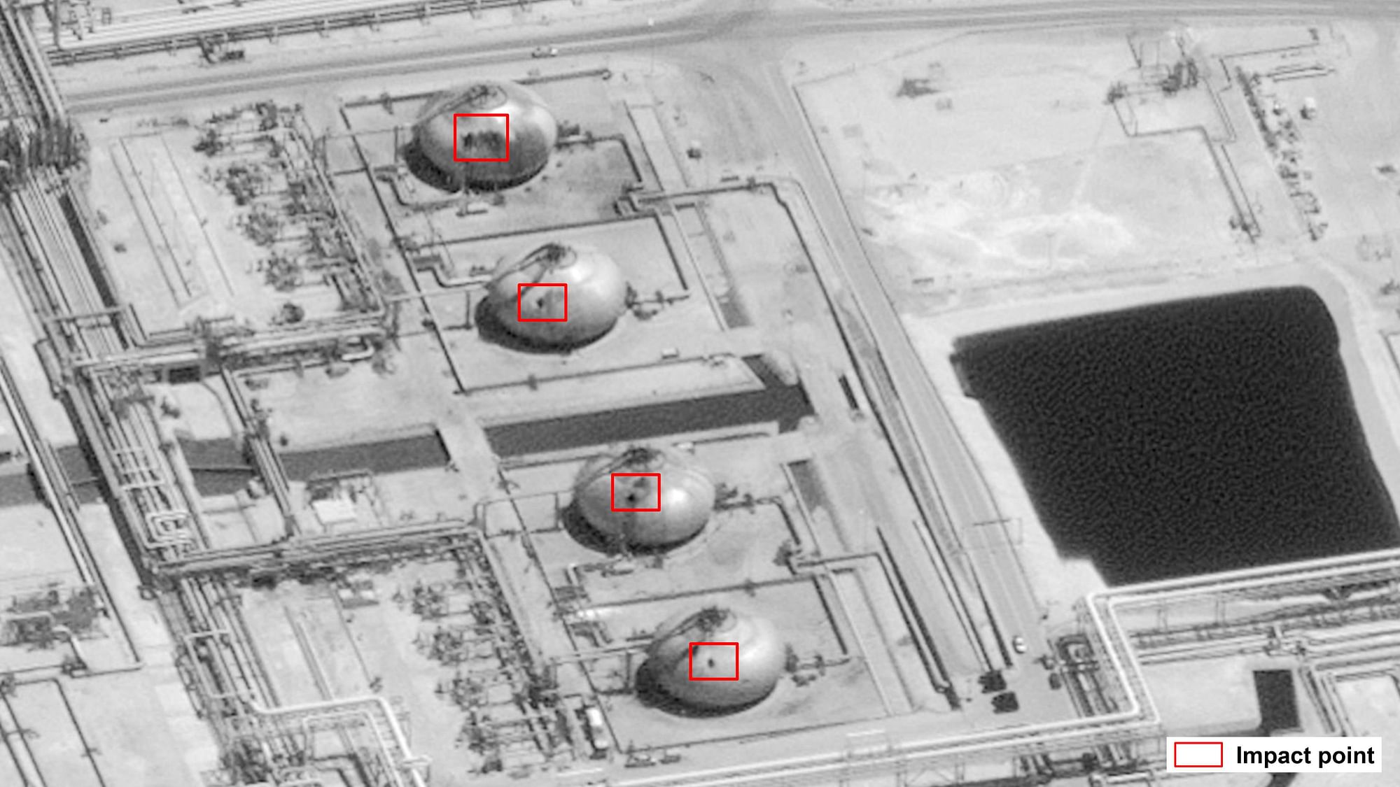 Image provided by the US government and DigitalGlobe  shows damage to  Saudi Aramco’s Abaqaiq oil processing facility in Buqyaq.&nbsp;
