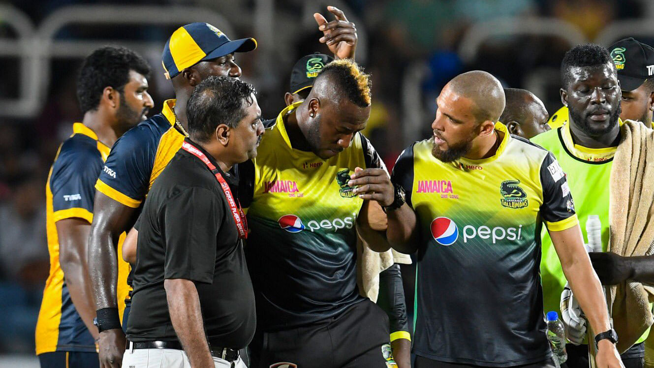 Andre Russell suffered a serious blow on his helmet following which he had to be stretchered off during a Caribbean Premier League (CPL) game.