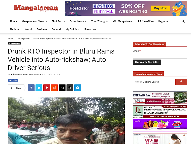 The website reports “Drunk RTO Inspector In Bluru Rams Vehicle into Auto-rickshaw”.