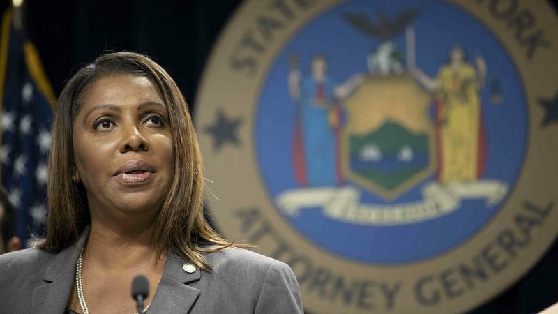 New York Attorney General Letitia James speaks during a news conference in New York.
