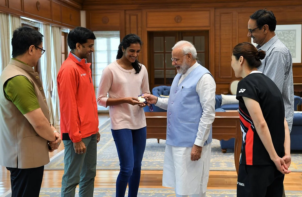New Delhi: Badminton world champion PV Sindhu calls on Prime Minister Narendra Modi in New Delhi, on Aug 27, 2019. 
