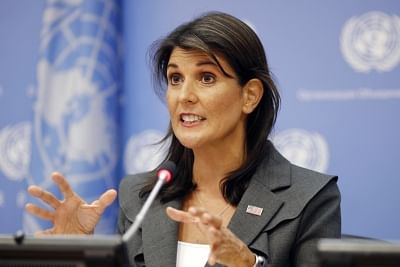 UNITED NATIONS, Sept. 4, 2018 (Xinhua) -- U.S. Ambassador to the United Nations Nikki Haley, whose country is taking over the presidency of the Security Council for September, briefs the press at the UN headquarters in New York, Sept. 4, 2018. The UN Security Council will discuss the situation in Idlib, the last major rebel stronghold in Syria, on Friday, said Nikki Haley. (Xinhua/Li Muzi/IANS)