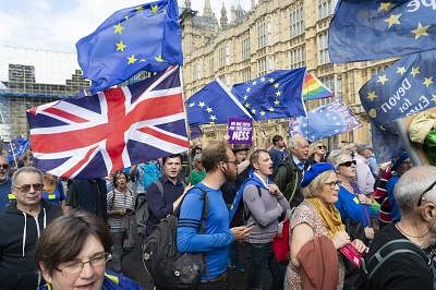 LONDON, Sept. 3, 2019 (Xinhua) -- Anti-Brexit protesters take part in a demonstration in London, Britain, on Sept. 3, 2019. British Prime Minister Boris Johnson on Tuesday lost a key Brexit vote in the House of Commons as anti-no deal MPs take control of the parliamentary business. (Photo by Ray Tang/Xinhua/IANS)