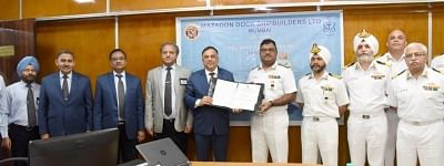 Mumbai: MDL Chairman and Managing Director Rakesh Anand and Rear Admiral B. Sivakumar at a ceremony where Mazagon Dock Shipbuilders Ltd (MDL) delivered the second Scorpene class submarine