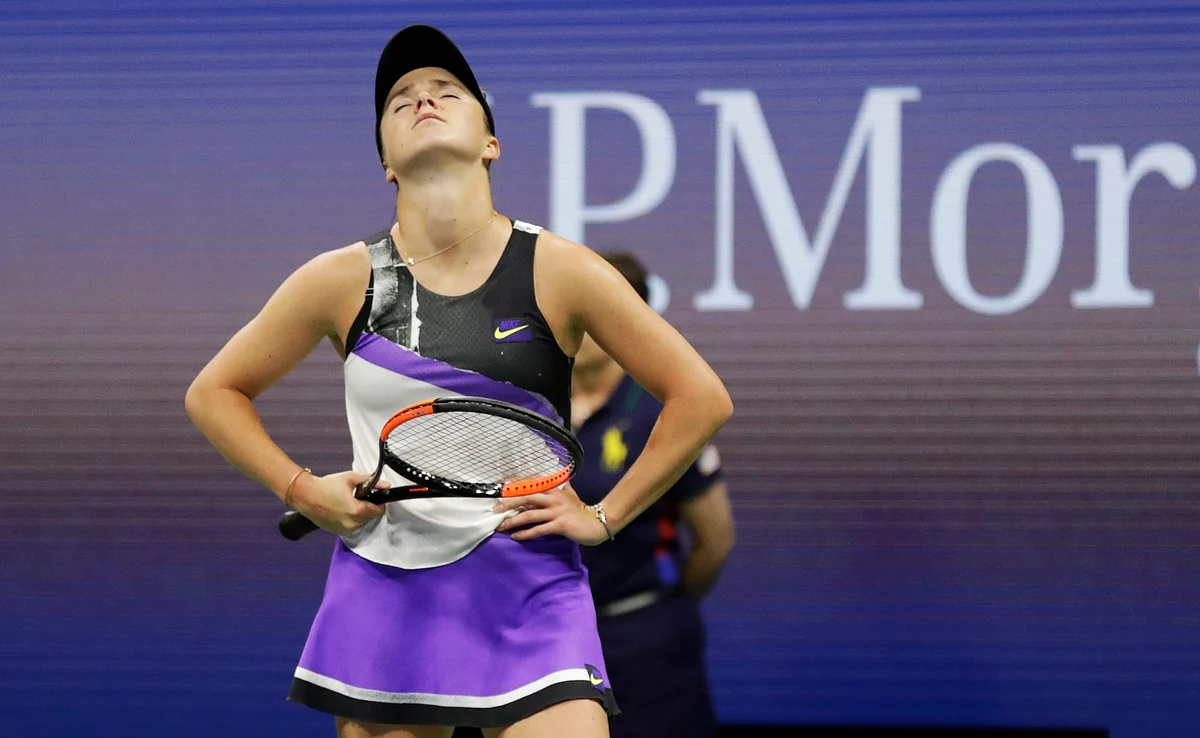 Elina Svitolina, of Ukraine, reacts after losing a point to Serena Williams, of the United States, during the semifinals of the U.S. Open tennis championships Thursday, Sept. 5, 2019, in New York.
