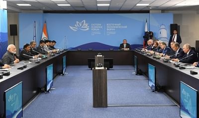 Vladivostok: Prime Minister Narendra Modi and Russian President Vladimir Putin during delegation level talks, in Vladivostok on Sep 4, 2019. (Photo: IANS/PIB)