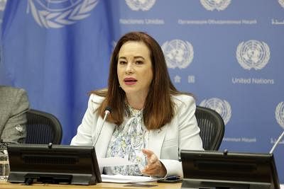 UNITED NATIONS, July 15, 2019 (Xinhua) -- United Nations General Assembly (UNGA) President Maria Fernanda Espinosa Garces speaks to journalists during a press briefing on gender equality and women