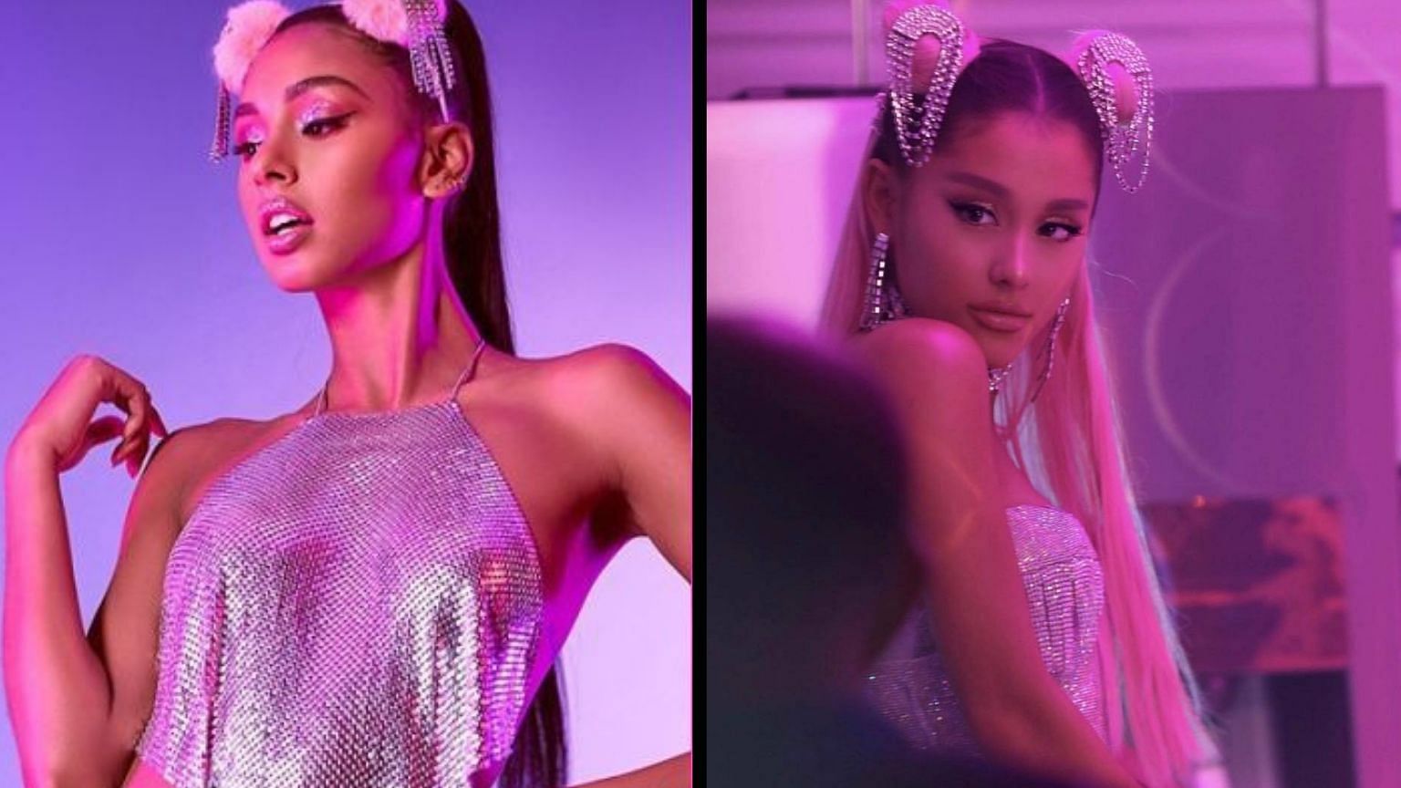 Forever 21 ad campaign (L) and Ariana Grande from her single '7 Rings' (R)