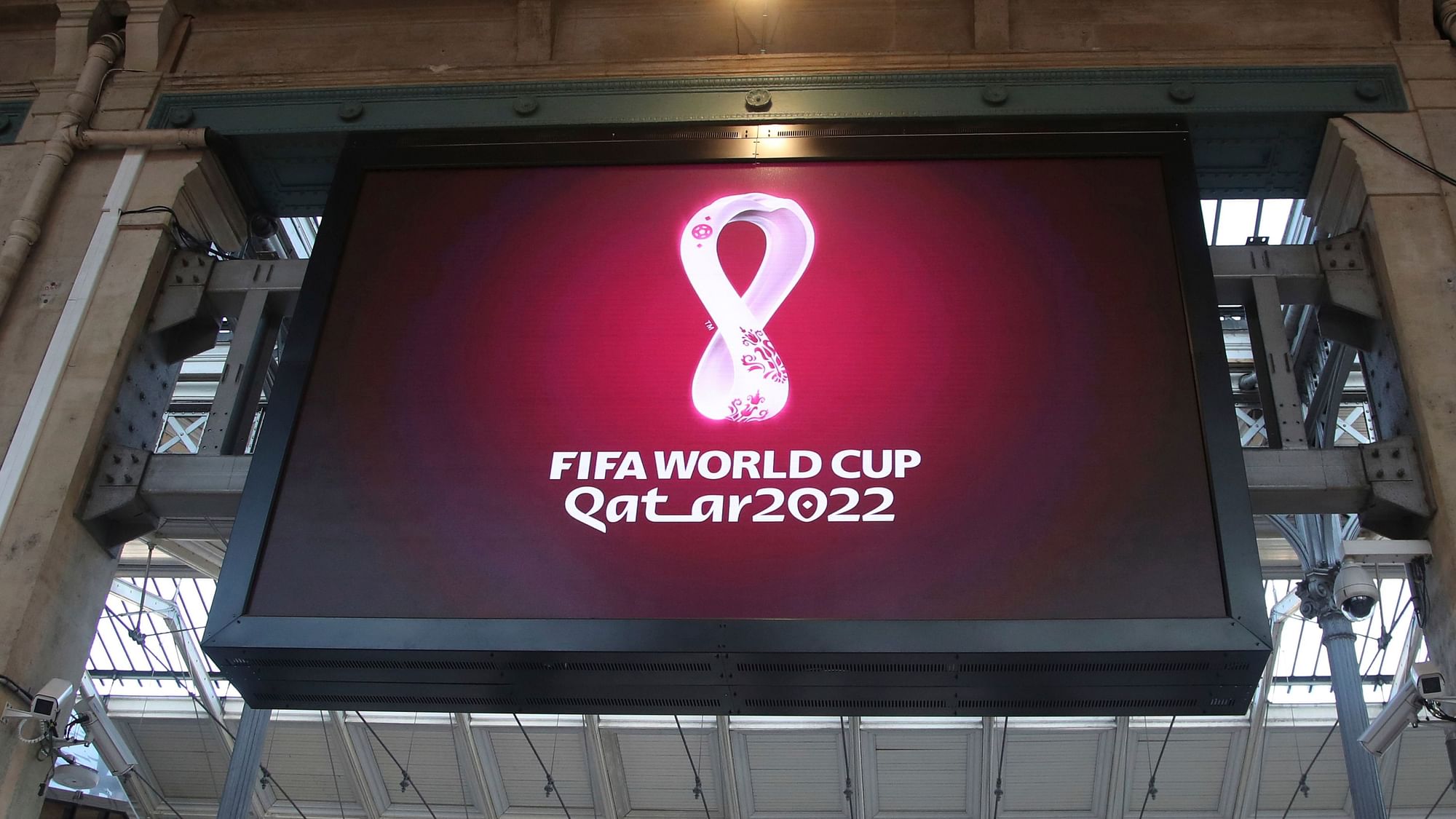The Qatar 2022 World Cup logo is displayed on a giant screen at the Gare du Nord train station, on the occasion of its worldwide launch, in Paris on Tuesday, 3 September.