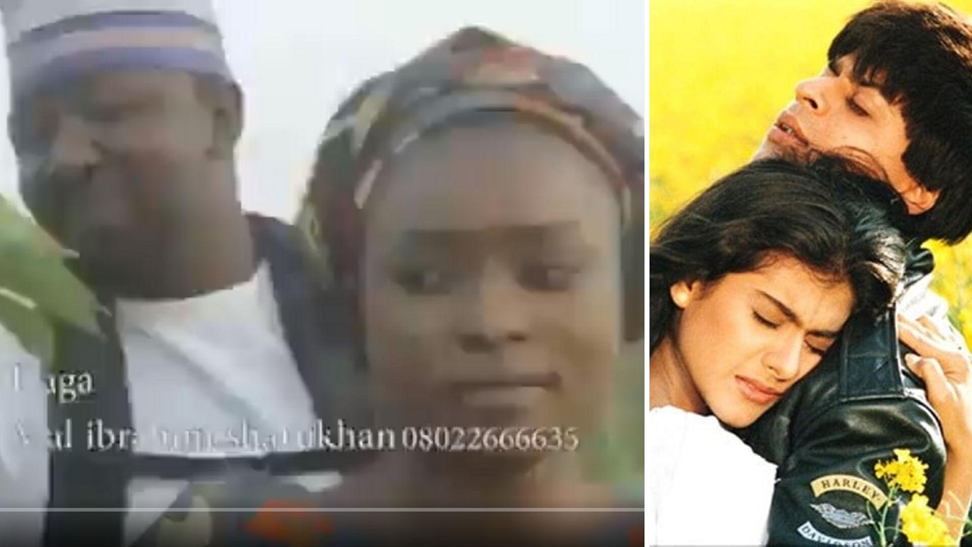 A clip from the viral video (L), a still from <i>Dilwale Dulhania Le Jayenge&nbsp;</i>(R).