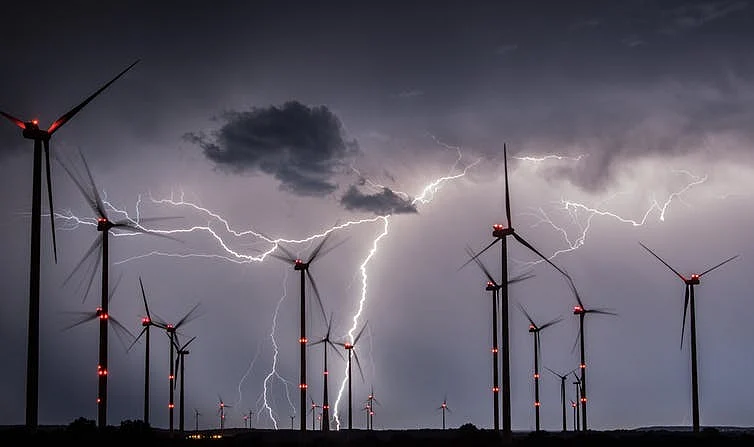 Lightning in the night sky over the Odervorland wind farm near Sieversdorf, Germany.